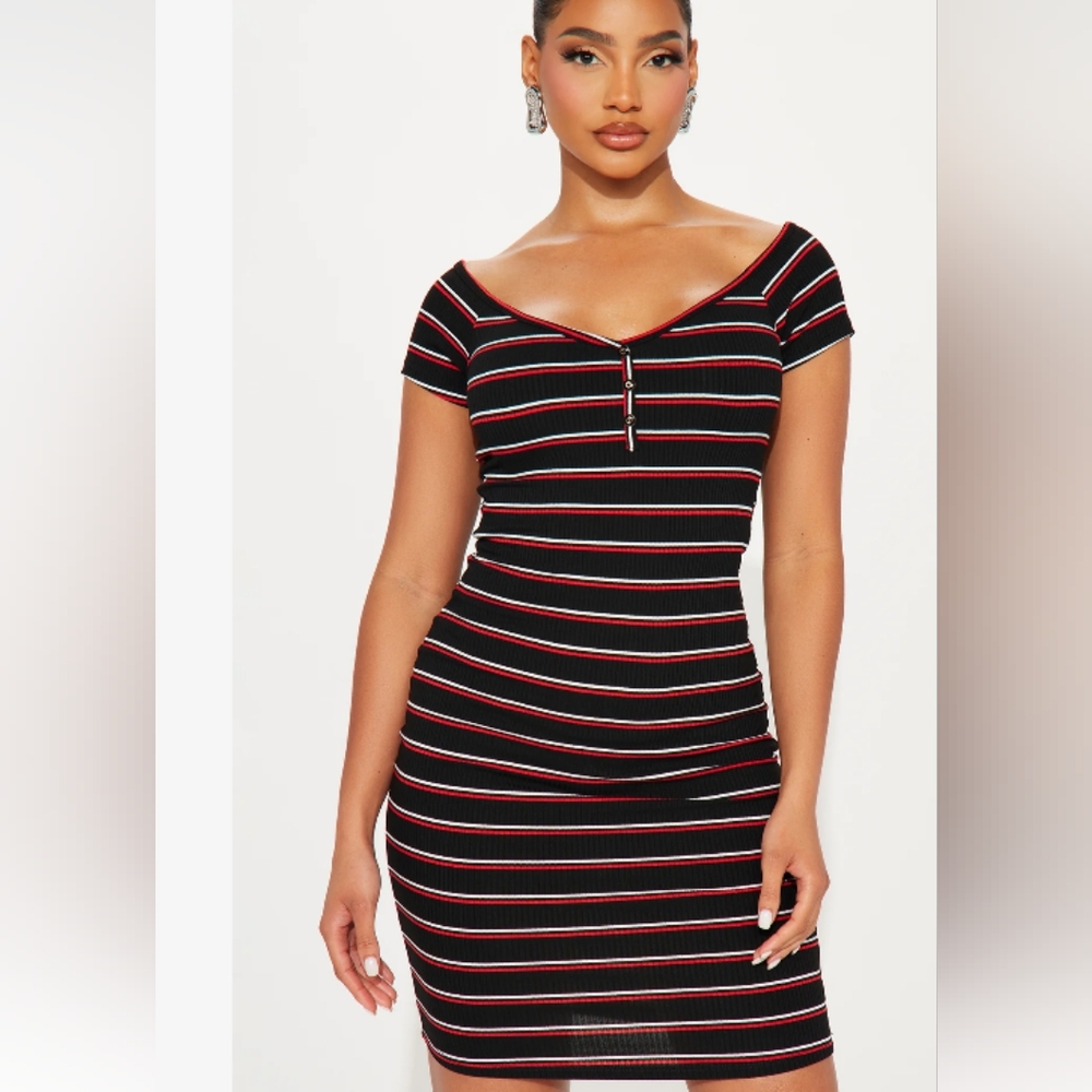 Striped Black and Red Bodycon Dress Ribbed NWT